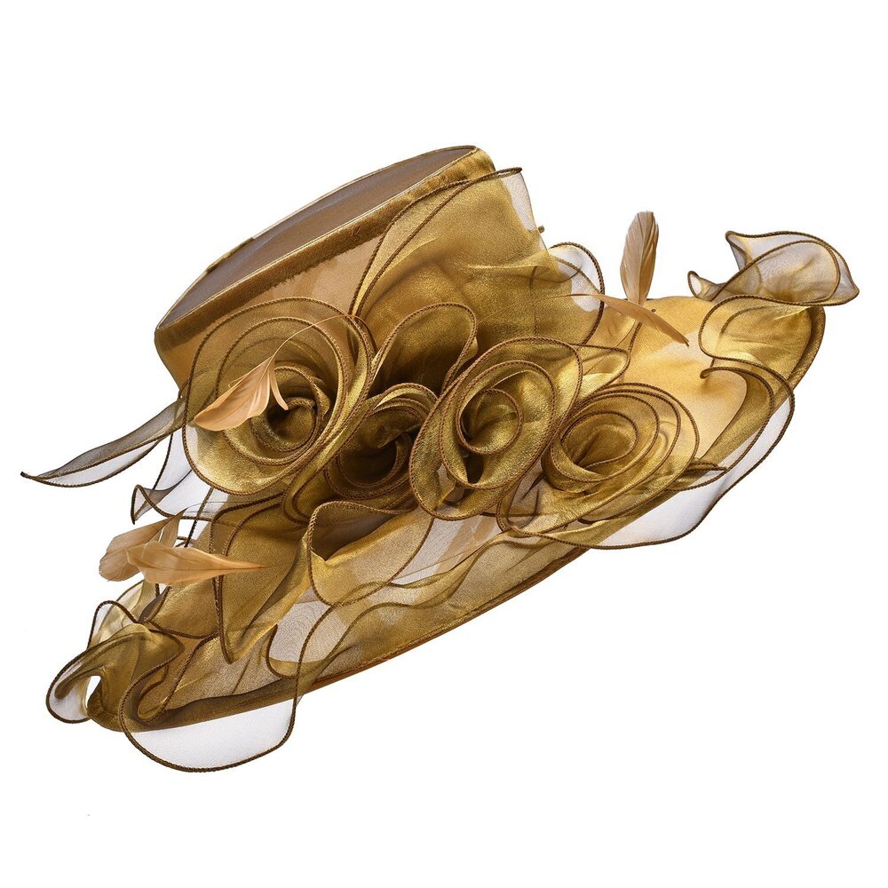 2190 Flower Wedding Occasion Wide Brim Church Dress Sun Hat A341Gold